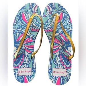 Lilly Pulitzer x Target Flip-Flops Size 10 Gold Strap Bold Print